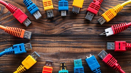 Poster - Essential tools for telecommunications work laid out in a flat lay including a network switch keystone jacks and various cables Stock Photo with copy space