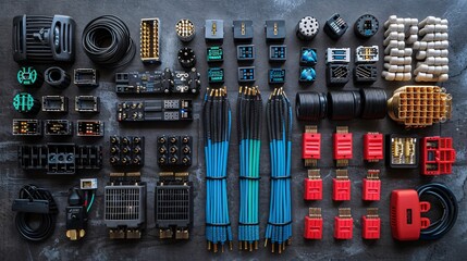 Poster - Flat lay featuring a variety of telecommunications components like RJ45 connectors coaxial cables and a cable tracer Stock Photo with copy space