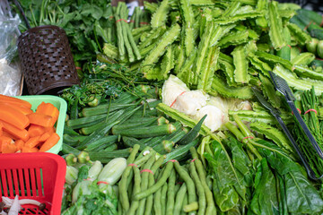 Fresh raw asian vegetable and fruit sell in local market city