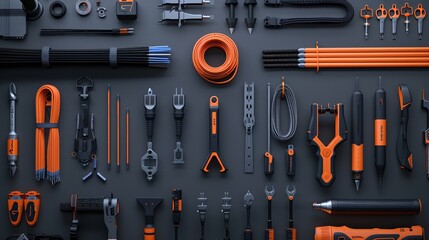 Poster - Neatly arranged flat lay of telecommunications tools including a fiber optic cleaver punch down tool and various cables Stock Photo with copy space