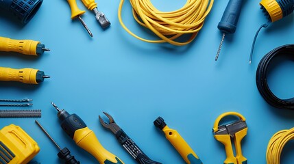 Poster - A comprehensive flat lay of essential telecommunications tools like crimping tools network testers and patch cords Stock Photo with copy space