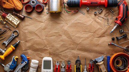 Poster - Flat lay of tools and materials for telecommunications work such as a cable tester keystone jacks and a multimeter Stock Photo with copy space
