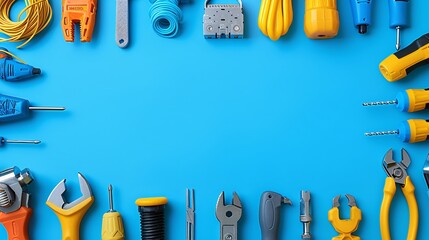 Poster - A well-organized flat lay of telecommunications hand tools including crimping tools coaxial cables and a cable stripper Stock Photo with copy space