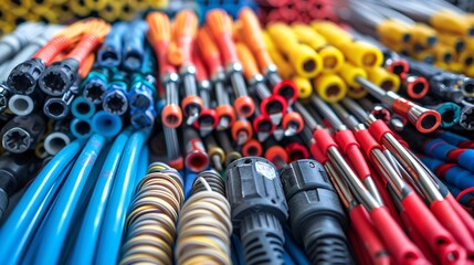 Poster - A well-organized flat lay of telecommunications hand tools including crimping tools coaxial cables and a cable stripper Stock Photo with copy space