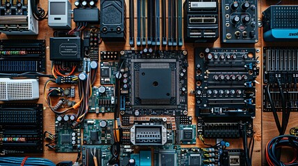 Poster - Essential tools for telecommunications work arranged in a flat lay including a network switch RJ45 connectors and various cables Stock Photo with copy space