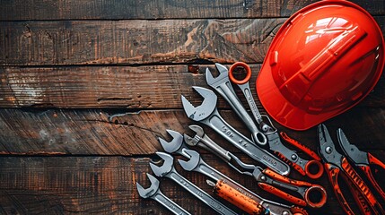 Poster - Organized flat lay featuring a set of wrenches pliers and a hard hat on a wooden surface Stock Photo with copy space