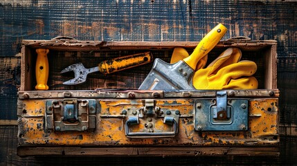 Poster - Top view of construction essentials including a spirit level gloves and a toolbox Stock Photo with copy space