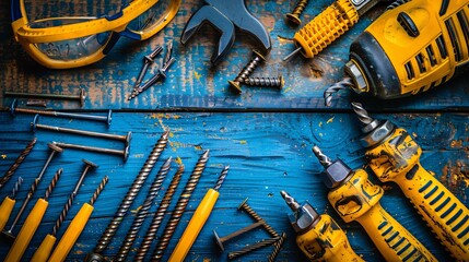 Poster - Flat lay showcasing a drill bit set safety glasses and a set of nails and screws Stock Photo with copy space