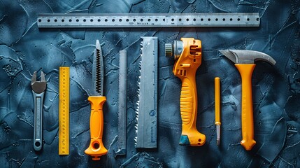 Poster - Neatly arranged construction tools including a saw measuring tape and a utility knife Stock Photo with copy space