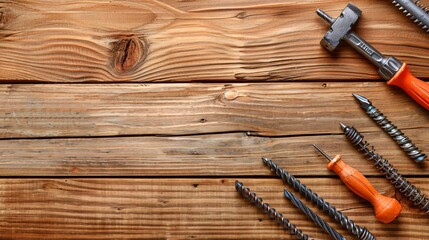 Poster - Flat lay showcasing a drill bit set safety glasses and a set of nails and screws Stock Photo with copy space