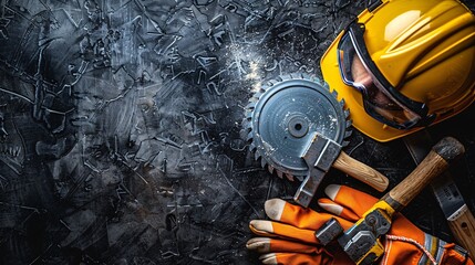 Poster - Comprehensive flat lay featuring a circular saw hammer and a set of safety equipment Stock Photo with copy space