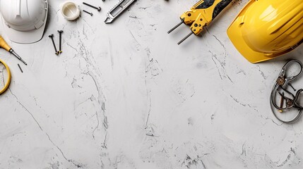 Poster - A flat lay of construction equipment including a nail gun pliers and assorted screws and nails Stock Photo with copy space