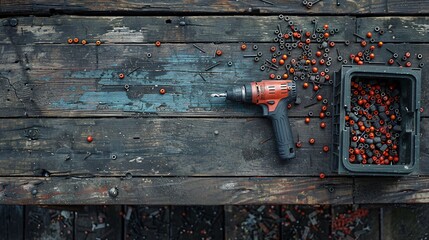 Poster - Tools and materials for construction work including a power drill level and a box of screws Stock Photo with copy space