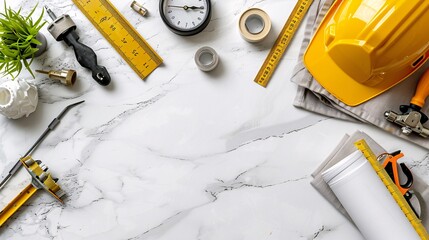 Poster - Comprehensive flat lay featuring a spirit level measuring tape and various construction components Stock Photo with copy space