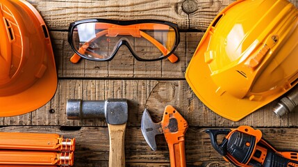Poster - Top view of construction work essentials including a circular saw hammer and a selection of safety glasses Stock Photo with copy space