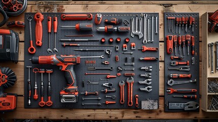 Poster - Flat lay arrangement of tools and materials for construction work such as a power drill saw and a variety of screws and nails Stock Photo with copy space