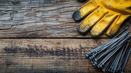 Poster - Flat lay featuring a variety of construction components like nails screws and a set of safety gloves Stock Photo with copy space