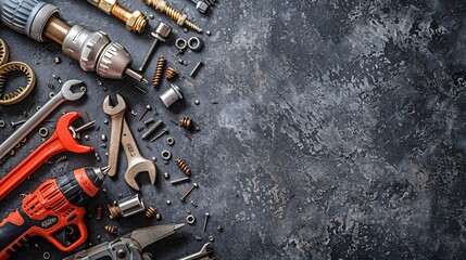 Poster - Neatly arranged flat lay of construction tools including a power drill saw and various screws and nails Stock Photo with copy space
