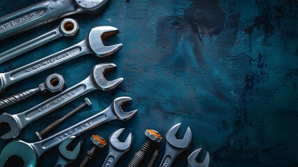 Poster - A comprehensive flat lay of essential construction tools like hammers wrenches and pliers with various screws and nails Stock Photo with copy space