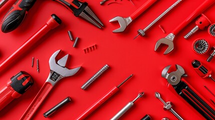 Poster - A comprehensive flat lay of essential construction tools like hammers wrenches and pliers with various screws and nails Stock Photo with copy space