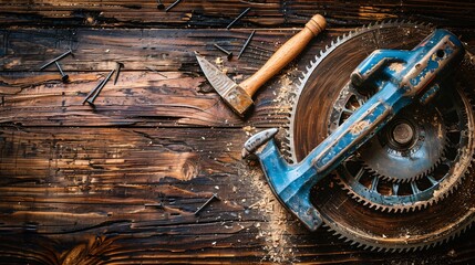 Poster - Top view of construction equipment including a circular saw hammer and various screws and nails Stock Photo with copy space