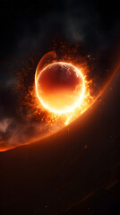 Wall Mural - a fiery explosion erupts from a planet in space, creating a glowing ring of light and debris.