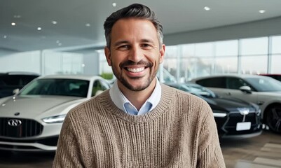 Wall Mural - Medium shot portrait video of a grinning man in his 40s wearing a cozy sweater against a car showroom or dealership background