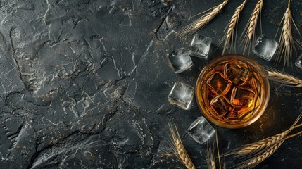 Glass of single malt whiskey with ice, dark stone surface, ears of grain, premium drink, top view