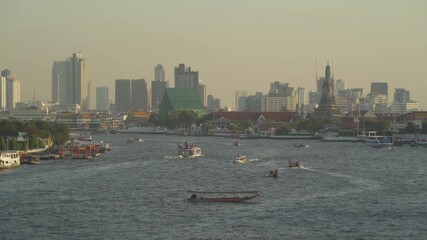 Wall Mural - Aerial view of Bangkok City skyline by Chao Phraya River in Thailand. Financial district and skyscraper office buildings. Downtown skyline. Urban town.