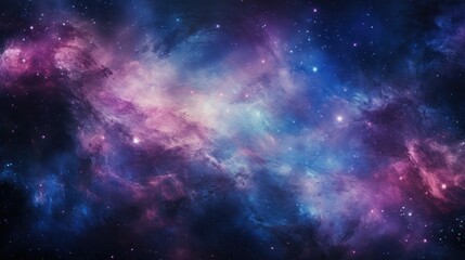 A captivating depiction of distant galaxies and star clusters set against the deep blackness of space. The image reveals a spectrum of colors from bright blues and pinks to soft purples, 