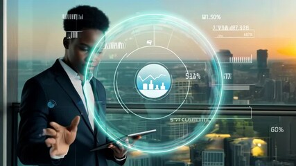 Poster - African American Financial Specialist Analyzing Stock Market Data With Holographic Technology at Sunset Generative AI