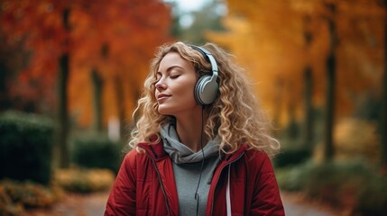 Wall Mural - A woman practicing mindfulness stands outside on a paved path surrounded by autumn leaves. She wears a pair of headphones and is deeply involved in a breathing exercise, 