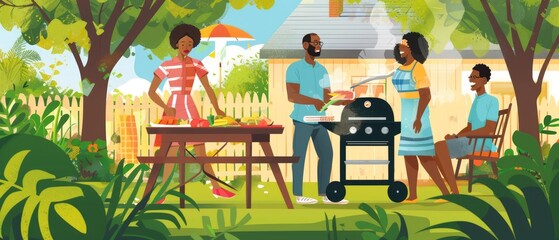 African American family enjoying a barbecue in the backyard