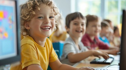 Happy children learning and playing on computers in a classroom, focusing on education and technology in a lively and engaging environment.