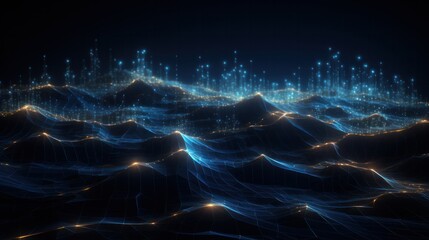 Poster - abstract futuristic background featuring a dynamic wave of interconnected dots and lines, creating a
