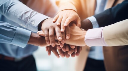 A diverse group of hands stacked together, symbolizing unity and teamwork, with each hand resting on top of the other, all set against a blurred office background