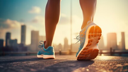 Close-up of a pair of joggers' legs during a run on an urban jogging track, emphasizing the athletic footwear and movement. The background shows blurred city buildings and a clear blue sky