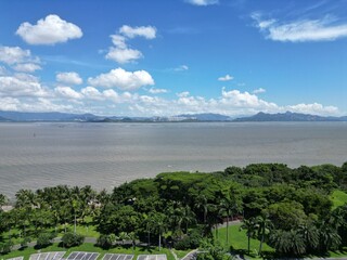 Summer seaside city trees and from aerial perspective, sunny day, travel