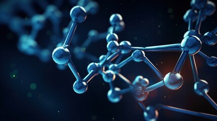 Poster - 3D illustration of a complex molecular model with interconnected atoms and bonds, set against a dark blue scientific background with subtle glowing highlights