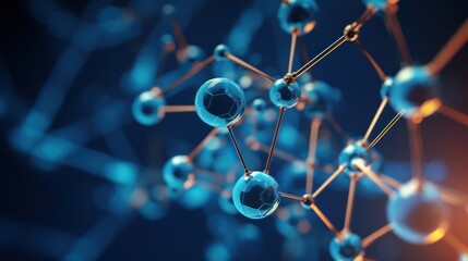 Poster - 3D illustration of a complex molecular model with interconnected atoms and bonds, set against a dark blue scientific background with subtle glowing highlights