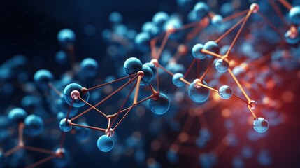 Poster - 3D illustration of a complex molecular model with interconnected atoms and bonds, set against a dark blue scientific background with subtle glowing highlights