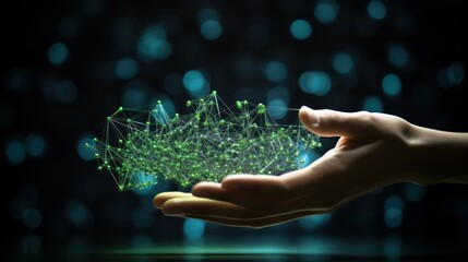 Poster - A person hand grasping a floating 3D representation of a complex network, with intricate data nodes and connection lines illuminated in blue and green, emphasizing technological connectivity