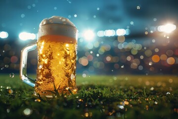 Sticker - Foamy splashes. Mug with lager chill beer on grass at football stadium over evening sky with flashlights. Concept of sport, festival, competition, alcohol drinks, match - generative ai