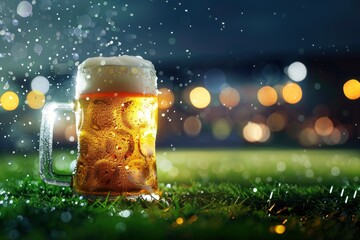 Sticker - Foamy splashes. Mug with lager chill beer on grass at football stadium over evening sky with flashlights. Concept of sport, festival, competition, alcohol drinks, match - generative ai