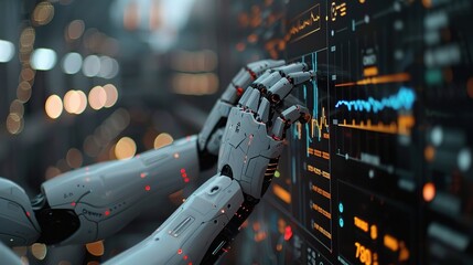 Poster - The Rise of the Machines: A robotic hand interacts with a futuristic interface, showcasing the power and potential of artificial intelligence in a world of data and automation.  