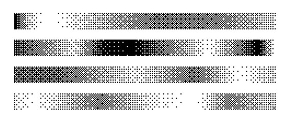 Poster - Bitmap gradient border set. Black dotted halftone header or footer collection. Pixelated rectangle decoration element for banner, poster, advertisement, card, cover. Vector horizontal stripes