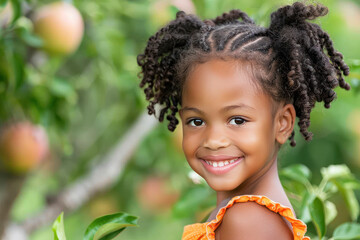 Wall Mural - African girl smile doing outdoor activity at apple field in the morning