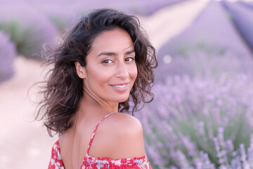 Wall Mural - Arabian woman smile wearing red sundress outdoor at lavender field