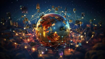 Poster - An abstract digital illustration featuring interconnected global networks, blockchain symbols, cryptocurrency icons, and IoT devices floating around a globe, 