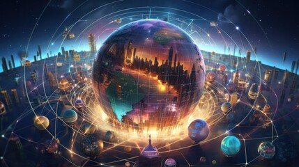 Poster - An abstract digital illustration featuring interconnected global networks, blockchain symbols, cryptocurrency icons, and IoT devices floating around a globe, 